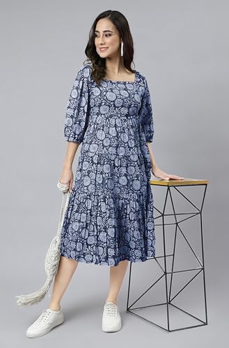 Image of Janasya Women's Cotton Floral Print Flared Dress