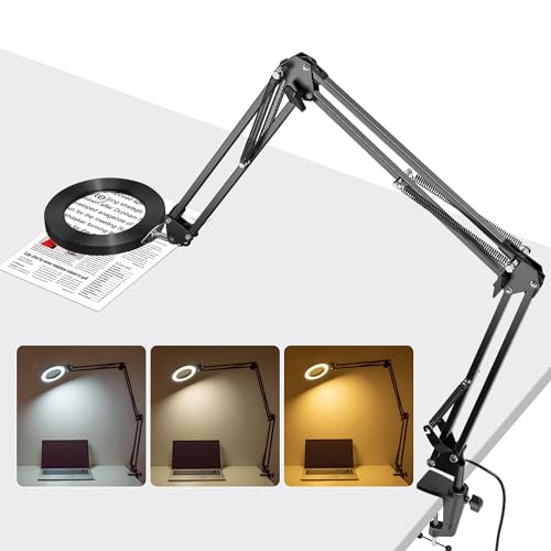 Jubor Lampada con Lente d'Ingrandimento, 10X 15X Lente d'ingrandimento con Luce e Supporto con 3 Braccio Orientabile, Lampada da Tavolo con 72 LED Dimmerabili per Lettura, Riparazione, Lavoro Manuale