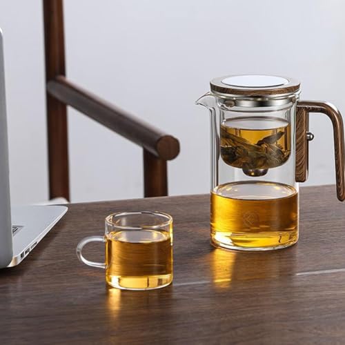 Verzauberte Glas-Teekanne mit Teesieb – 2-in-1 magische Teekanne für losen Tee, Drucksteuerung, Holzgriff