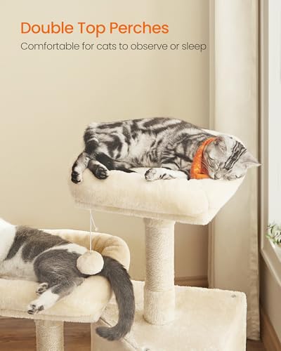 Image of Feandrea Cat Tree, 45.3-Inch Cat Tower, Plush Condo Scratching Post, Beige | 45.3-Inch Cat Tower, Plush Condo with Scratching Post, Ramp, Perch, Spacious Cave, Beige