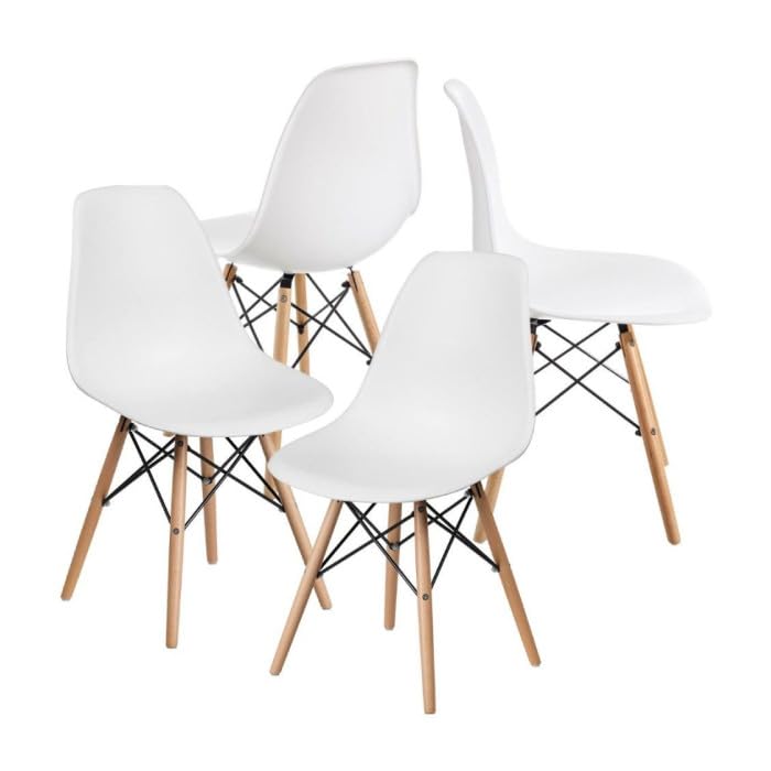CAMBIA TUS MUEBLES CTM® Pack de 4 Sillas Nórdicas de Comedor y Cocina, Silla Escandinava con Patas de Madera de Haya, Asiento Ergonómico en Polipropileno, 82x46x52 cm, Diseño Moderno Color Blanco