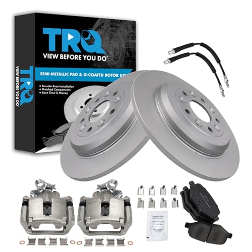 Image of TRQ Rear Brake Pad and Rotor Set Semi Metallic Coated Rotors Calipers Compatible with 2015-2018 Ford Flex Lincoln MKT