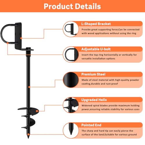 Image of Eurmax USA Ground Anchors Heavy Duty Adjustable L-Shaped Head Shed Tent Stakes Trampoline Anchors, Trampoline Stakes for Sheds,Swing Sets,Mobile Home,Carports Set of 4(Black)