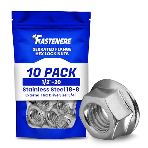 Fastenere Serrated Flange Nuts – 1/2"-20 (10-Pack), Durable Stainless Steel 18-8 Hex Lock Hardware Nuts, Corrosion-Resistant, Fine Plain Finish for Home, Automotive &amp; Industrial Use