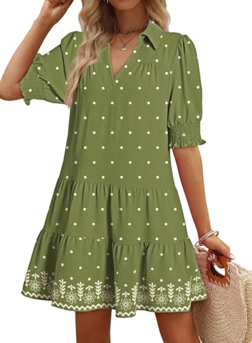 Image of Dokotoo Casual Dresses for Women Lapel Collared V Neck Mid Sleeved Pleated Summer Dresses for Women 2026 Midi Dresses