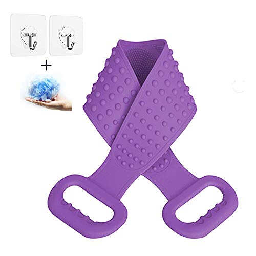 Reorzon Silicone Bath Body Brush with 2 Hooks & 1 Foaming Bath Ball, Lengthen Double Sided Bath Body Back Scrubber, Exfoliating Improve Back Acne, Deep Clean, Comfortable Massage for Shower