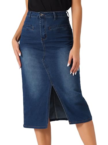 Allegra K Denim Skirt for Women's High Waist Slit Front Washed Jean Midi Skirts with Pockets