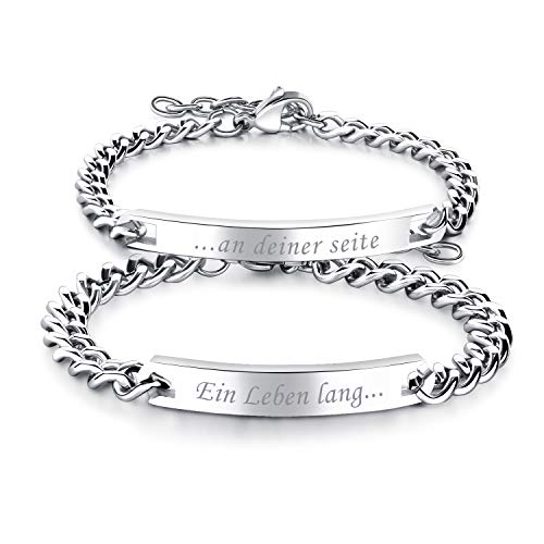 Flongo Paar Armbänder EIN Paar Edelstahl-Armbänder mit Textgravur Liebesschwüre Silber Partnerarmbänder Love-Schmuck Geschenke für Valentinstag Geburtstage Jahrestage
