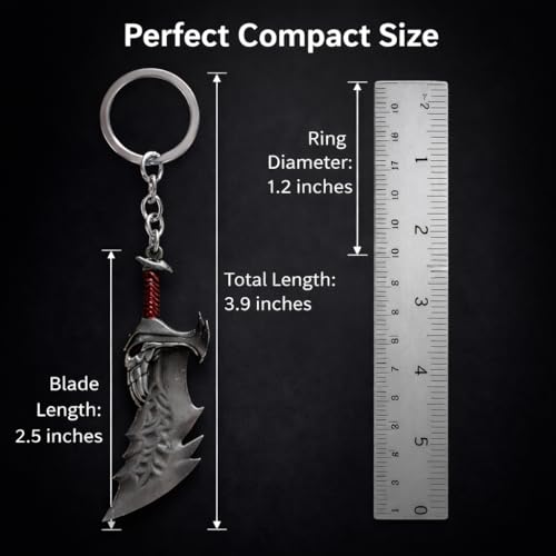Image of BLUE WARRIOR God of war keychain (Silver) - Fantasy Winged Dagger Keychain - Antique Gold Mini Sword Key Ring with Red Handle - Metal Collectible Key Holder for Men, Women, Gamers & Gift Giving
