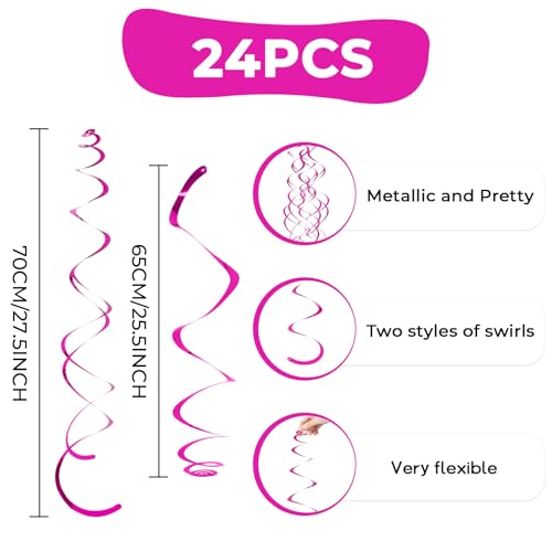 Image of 24 PCS Hot Pink Hanging Swirl,Fuschia Sparkle Ceiling Hanging Decorations, Plastic Streamer Party Decorations with Double-Swirls and Single-Swirls for Birthday Decorations,Hawaii,Summer