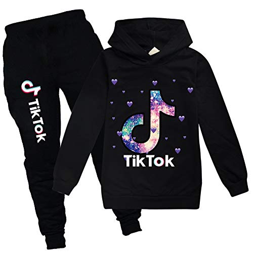 Boys Girls TIK-Tok Sweatshirts Fashion Hoodies and Sweatpants Set Pullover Casual Clothes Set Black