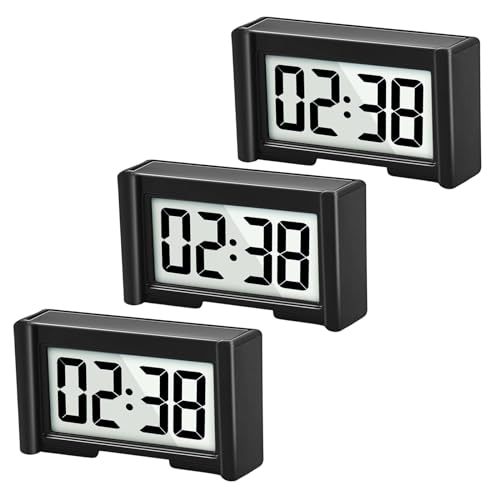 YOUNGFLY 3PCS Small Digital Clock, Vehicle Adhesive Clock with Jumbo LCD Time & Day Display, Mini Car Dashboard Clock Battery Operated for Desktop Car Truck Dashboard & Air Vent (Black)