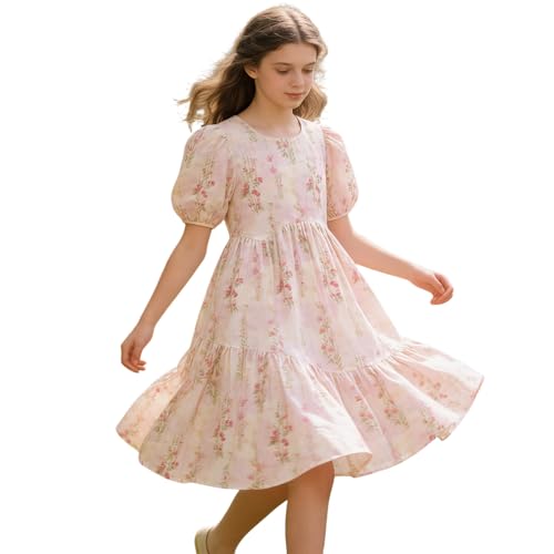 Robe d'été fille rose à fleurs en coton et manches bouffantes pour enfant
