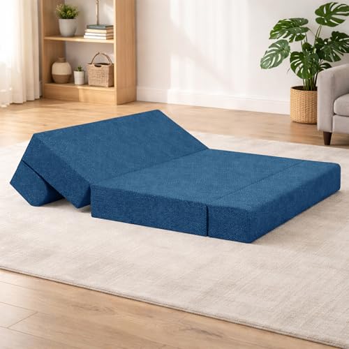 Image of Foldable Three Seater Sofa Bed 5 X 6 Ft Jute Fabric Washable Cover Sofa Cum Bed with Cushions Convertible Sofa Bed for Home (Blue Color - Pre-Assembled)