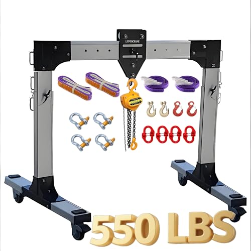 Aluminum Gantry Crane 550 LBS, Span Adjustable 9.1 FT ~ 14 FT, Height Adjustable 8.7 FT ~ 13.6 FT, Portable Gantry Crane with Hoist and Rigging Kit (550 LBS, Span 9.1 FT)