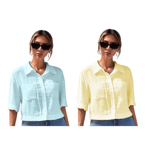 Image of TOPLOT V-Collar Solid Crop Shirt for Women with Half Sleeves, Polyester, Regular Fit