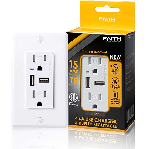 Faith [10-Pack] 4.6A Usb Outlet High Speed Charger, 15A Tamper-Resistant Receptacle With Wall Plate, 2 Outlets & 2 Usb Ports, Compatible W/Iphone, Ipad, Android, Samsung Devices & More, 10-Pack, White #TOP1