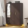 3 Door Wardrobe Closet with Mirror LED Lights Bedroom Armoire with Drawers Shelves Farmhouse Wooden Armoire Wardrobe Closet with Hanging Rod for Bedroom Brown