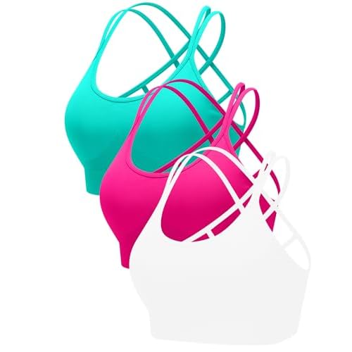 RUNNING GIRL Sports Bras for Women Pack Criss Cross Back Sexy Strappy Sports Bra Seamless Padded Yoga Bra with Removable Cups Small 3pack Pink/Green/White