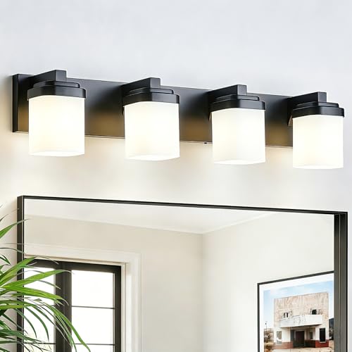 Image of 29 Inches Bathroom Vanity Light, 4-Light Black Bathroom Light Fixtures Over Mirror, Bathroom Light Shower Lamp with Milky White Square Glass Shade, Modern Farmhouse Lighting Fixtures