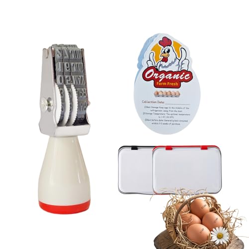 Aunewrick Egg Dater Kit Date Stamp 2 Fade-Resistant Inks (Red & Black) Stamper Pad 50 Farm Fresh Eggs Instructions for Chicken Duck Turkey Goose Eggs