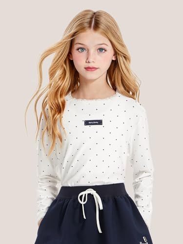 Girls Long Sleeve White Polka Dot Shirt Soft Cotton Crewneck Blouse with Lace Trim, Cute Casual Fall Top for Kids 6-16Y2