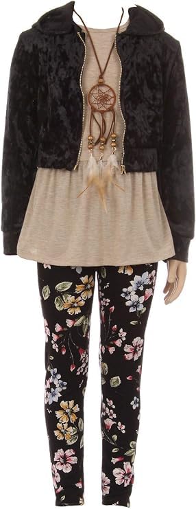 Image of iGirlDress Girls 4 Pieces Pant Set Long Sleeve Jacket Necklace Floral Plaid Pant 4-16
