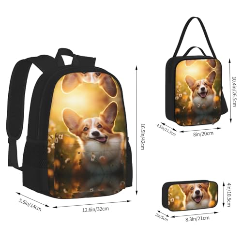 nanger Corgi Floral Flowers Print 3-Piece Set Backpack, Lunch Bag And Pencil Case, For Travel, College, And Daily Use4