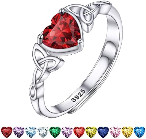 Bestyle Women 925 Sterling Silver Celtic Knot Birthstone Ring Dainty Gemstone Wedding Band Engagement Ring for Her Adjustable Silver Heart Shape Birthstone Jewellery