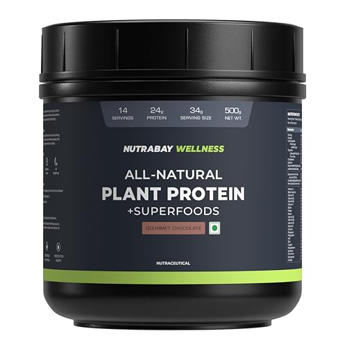 Nutrabay Wellness All Natural Plant Protein - 500g, Gourmet Chocolate | Complete Amino Acid | Pea & Brown Rice Protein | 24g Protein | Easy to Digest*