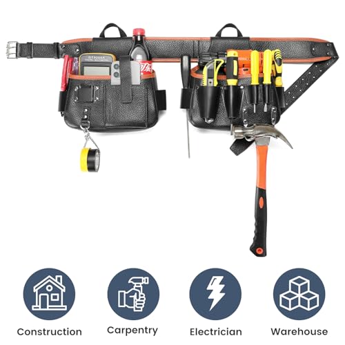 Image of Tool Belt,Genuine Leather Tool Pouch,Detachable & Adjustable Single Side Tool Belt Pouch for Electrician,Carpenter,Construction,Work Apron,Utility Belt. (Black-C)