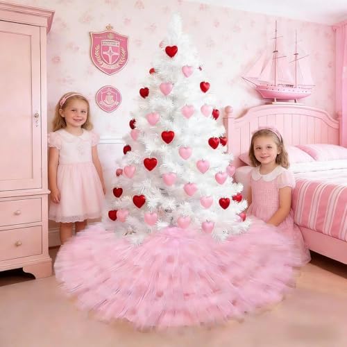 Pastel Pink Tulle Valentine's Day Tree Skirt 48 Inch, Large Ruffle Christmas Tree Skirt for 7.5 FT Trees, 6-Layer Elegant Wedding Baby Shower Tree Mat, Pink Coquette Preppy Room Decorations
