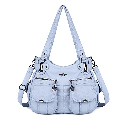 Image of Angel Kiss Women's Designer Handbag Large Double Zipper Multi Pocket Washed Leather Purse