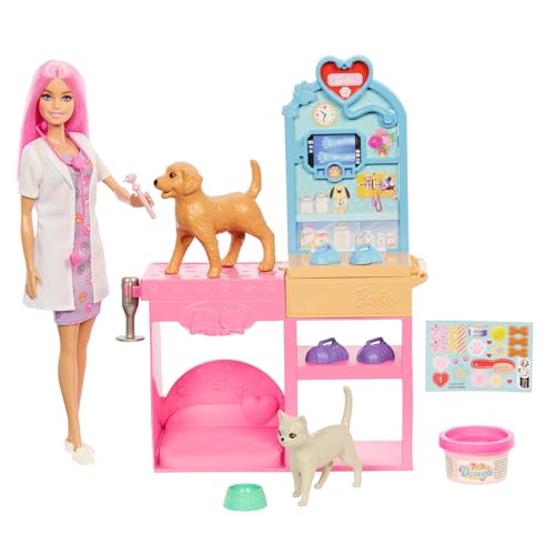 Barbie Clínica veterinária conjunto com boneca de pelo rosa, móveis de consulta veterinária e mais de 10 acessórios, incluindo moldes e massa para gesso, JFX93