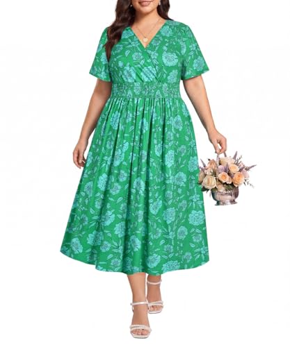 Image of CARCOS Plus Size Dresses for Curvy Women V Neck Summer Maxi Dress Short Sleeve Floral Boho Dress Smocked Waist Beach Dress