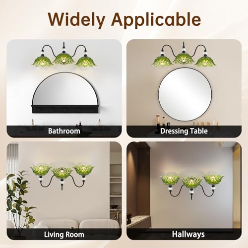 Image of Black Bathroom Vanity Light,3-Light Vanity Light with Floral Green Glass Shades,Vintage Farmhouse Wall Mount Lighting for Bathroom, Dressing Table