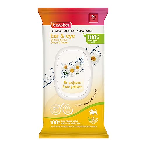 Beaphar Toallitas húmedas biodegradables para la Limpieza de Ojos y oídos - para Perros y Gatos - con Aloe Vera, Ingredientes Naturales y extracto de camomila - 30 Unidades