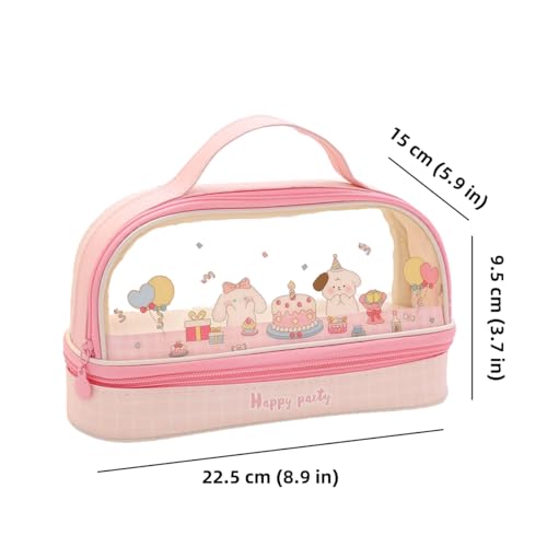 Image of Bunny Pencil Pouch w /Handle Rabbit Kitten Bear Puppy Pen Case Cosmetic Bag Clear Case Transparent Waterproof (Cake-Pink)