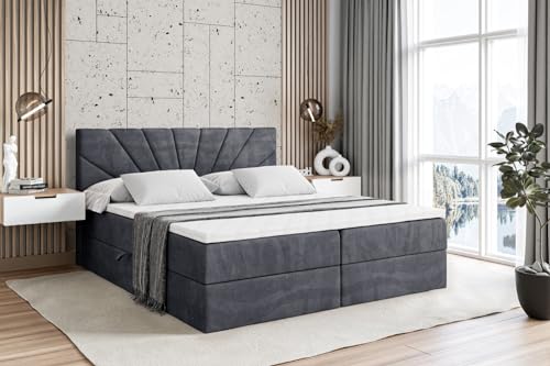 ALTDECOR Boxspringbett mit Matratze und Lattenrost, Boxbett, Topper, Polsterbett mit Bettkasten, Bett mit Stauraum H4-Matratze, Doppelbett, Springboxbett - MILTIO - 200x200 - Dunkelgrau Samt
