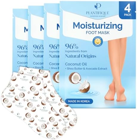 PLANTIFIQUE Korean Foot Mask with Shea Butter 4 Pairs box for Dry & Cracked Feet | Hydrating Socks for Soft Heels | Intense Moisturizing and Repairing Dry Rough Skin | Foot Spa | Happy Feet Mask