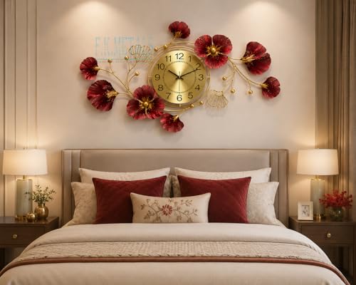 Image of MK Craft and Decor Large Metal Wall Clock for Home Decor | New Floral Design Decorative Wall Clock | Premium Metal Wall Art | Red & Gold Finish