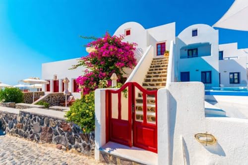 adrium Cuadro de madera de 80 x 50 cm: casa tradicional y flor en las islas Oia, Santorini, Grecia (149655881)
