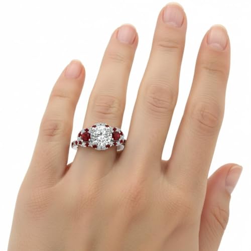 Image of 55Carat Choose Your Gemstone Delicate 3 Stone Halo Diamond CZ Ring Sterling Silver Round Shape Halo Engagement Rings Everyday Jewelry Wedding Jewelry Handmade Gifts for Wife US Size 4 to 12
