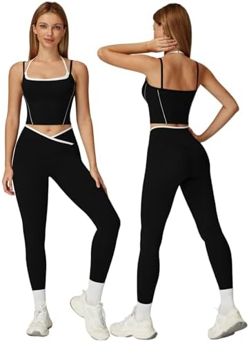 ABOCIW Workout Sets for Women 2 Piece Color Block Strappy Sports ...