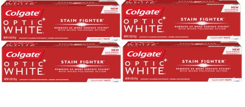 Colgate Optic White Toothpaste - Stain Fighter - Clean Mint Paste - Net Wt. 4.2 OZ (119 g) Per Tube - Pack of 4 Tubes