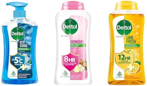 Image of Dettol Body Wash Trio - Cool (500ml) + Lime Fresh Refresh (250ml) + Skincare with Honey & Shea Butter (250ml) - Soap-Free Formula, 12h Odour & 8h Moisture Protection