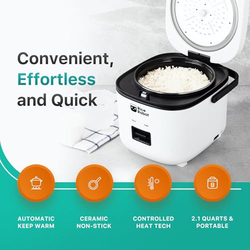 Image of Rice Robot Rice Cooker - Family Size 4 Cup Uncooked (8 Cups Cooked) Electric Rice Maker | PFAS-Free Ceramic Nonstick | Includes Stainless Steel Steamer Tray and Accessories | As Seen on TV