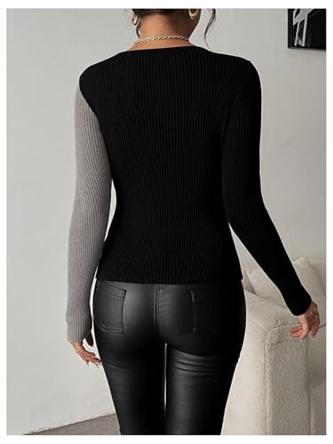 SOLY HUX Women's Color Block Deep V Neck Knitted Sweater Long Sleeve T Shirt Fitted Pullovers Tops2