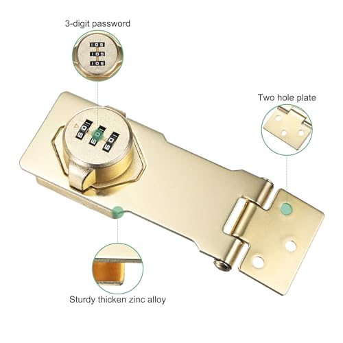 Image of M METERXITY 2-Pack Keyless Combination Lock, 4.3 inch Zinc Alloy Mechanical Password Twist Knob Hasp Locks Latch, 90 /180 Degree Barn Door Lock for Cabinet /Closet /Garage /Drawers /Garden [Gold]