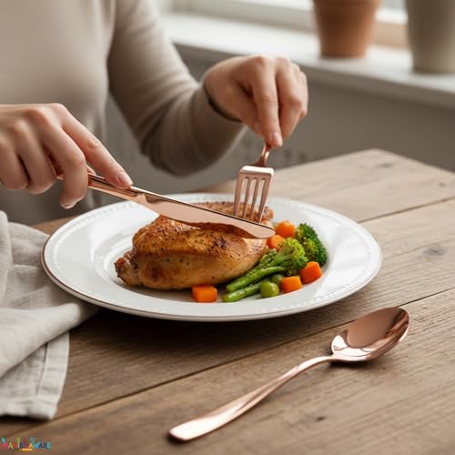 Image of Mirror Polished Rose Gold 16 Pcs Stainless Steel Cutlery Set for Dining Table, Dishwasher Safe Glossy Flatware (4 Spoon Set + 4 Forks Set + 4 Butter Knife + 4 Dessert Spoon)